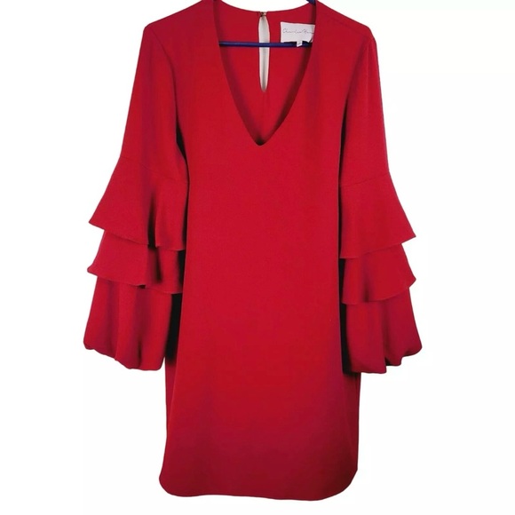 CHARLES HENREY Dress XSmall Garnet Red Ruffle Bell Sleeves vneck sheath dress - Picture 1 of 5